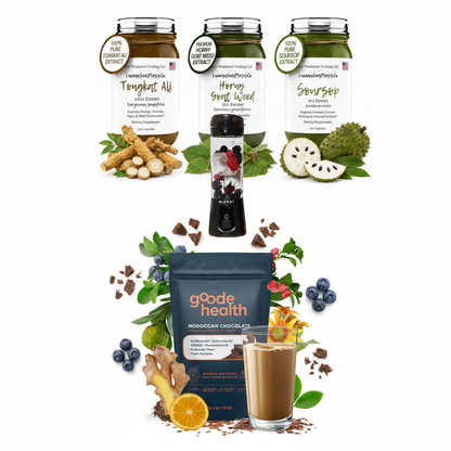 Men's Stamina Stack Bundle flat lay — Tongkat Ali, Horny Goat Weed & Soursop supplement jars, BLENDi Pro+ Blender, and Goode Health Moroccan Chocolate Superfood Shake — white background — Daily Health & Beauty