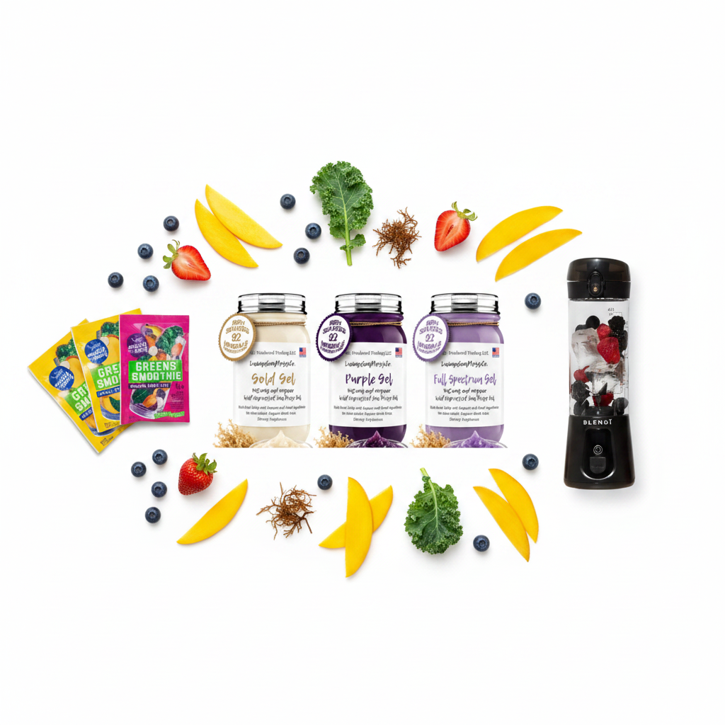 Organic Pure Sea Moss Gel Bundle Gold Purple Full Spectrum, Switchback Greens Smoothie Variety Pack, and BLENDi Pro+ Portable Blender flat lay with tropical fruit — Daily Health & Beauty