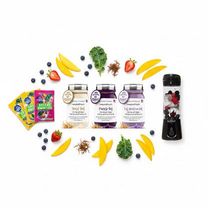 Organic Pure Sea Moss Gel Bundle Gold Purple Full Spectrum, Switchback Greens Smoothie Variety Pack, and BLENDi Pro+ Portable Blender flat lay with tropical fruit — Daily Health & Beauty
