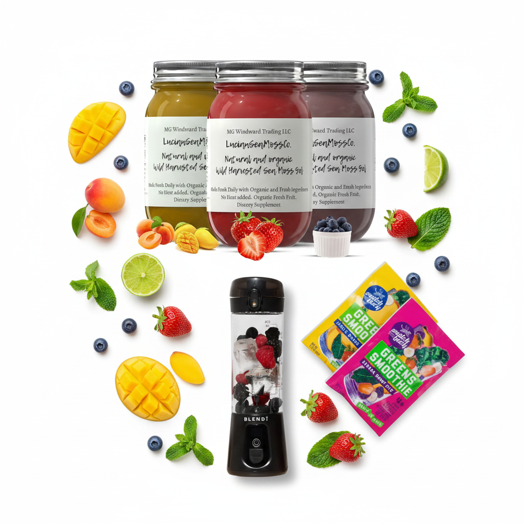 Organic Fruit Infused Mojito Blast Sea Moss Gel Bundle Switchback Foods Greens Smoothie Variety Pack and BLENDi Pro+ Ice Crushing Portable Blender flat lay with fresh tropical fruits and mint — Daily Health & Beauty