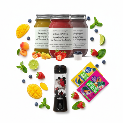 Organic Fruit Infused Mojito Blast Sea Moss Gel Bundle Switchback Foods Greens Smoothie Variety Pack and BLENDi Pro+ Ice Crushing Portable Blender flat lay with fresh tropical fruits and mint — Daily Health & Beauty