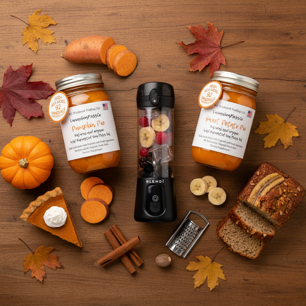 Organic Harvest Bakery Sea Moss Gel Bundle flat lay — Pumpkin Pie Sweet Potato Pie Banana Bread Sea Moss Gel jars and BLENDi Pro+ Portable Blender with pumpkin sweet potato banana bread and fall harvest accents — Daily Health & Beauty