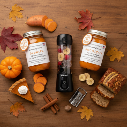 Organic Harvest Bakery Sea Moss Gel Bundle flat lay — Pumpkin Pie Sweet Potato Pie Banana Bread Sea Moss Gel jars and BLENDi Pro+ Portable Blender with pumpkin sweet potato banana bread and fall harvest accents — Daily Health & Beauty
