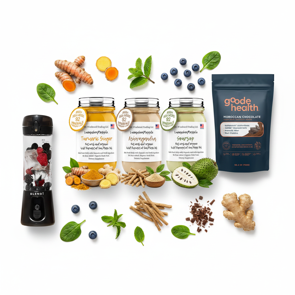 Organic Wellness Warrior Sea Moss Gel Bundle Goode Health Superfood Shake and BLENDi Pro+ Ice Crushing Portable Blender flat lay with turmeric ginger ashwagandha soursop and chocolate — Daily Health & Beauty
