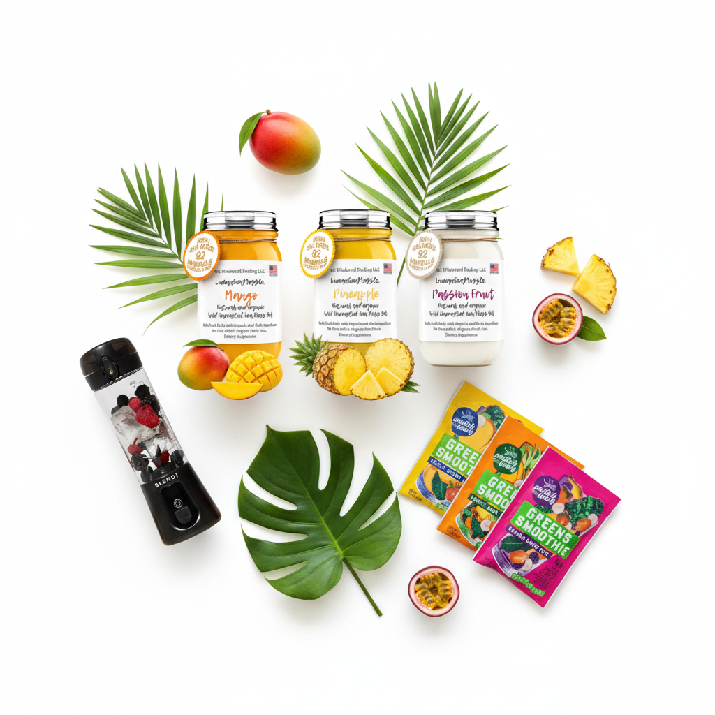 Organic Tropical Paradise Sea Moss Gel Bundle Switchback Foods Greens Smoothie Variety Pack and BLENDi Pro+ Ice Crushing Portable Blender flat lay with fresh tropical fruits — Daily Health & Beauty