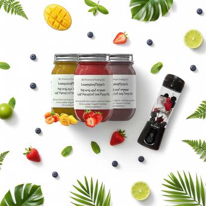 Organic Fruit Infused Mojito Blast Sea Moss Gel Bundle and BLENDi Pro+ Ice Crushing Portable Blender flat lay with fresh tropical fruits and mint — Daily Health & Beauty