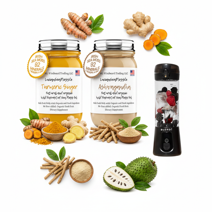 Organic Wellness Warrior Sea Moss Gel Bundle Turmeric Ginger Ashwagandha Soursop and BLENDi Pro+ Ice Crushing Portable Blender flat lay with fresh turmeric ginger ashwagandha and soursop — Daily Health & Beauty