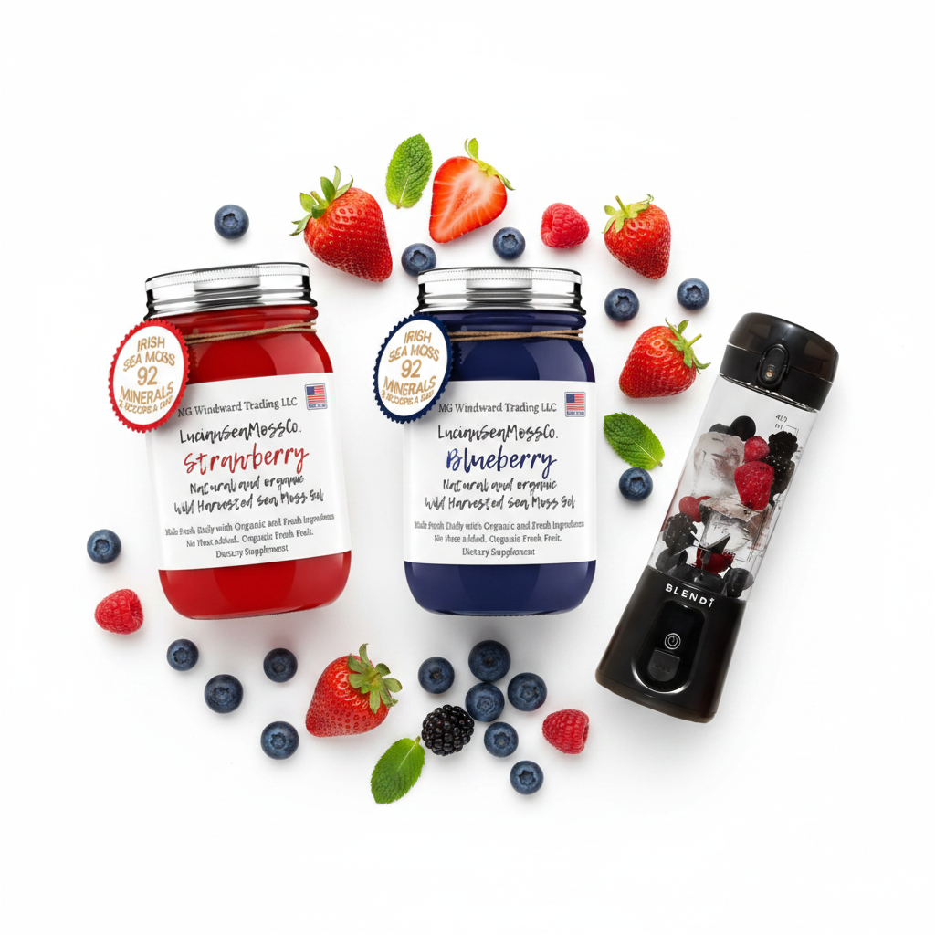 Organic Berry Lovers Sea Moss Gel Bundle Strawberry Blueberry Mixed Berries and BLENDi Pro+ Ice Crushing Portable Blender flat lay with fresh berries — Daily Health & Beauty