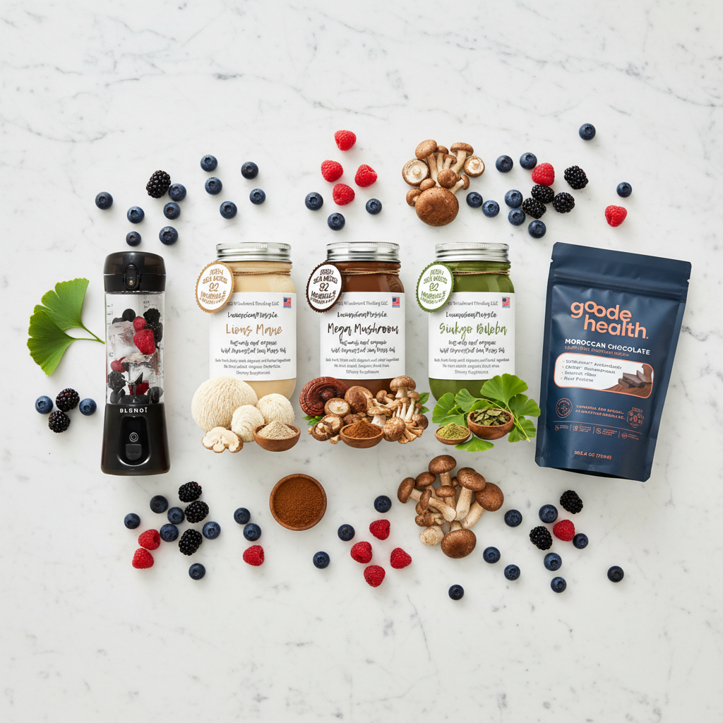 Organic Mind Body & Energy Sea Moss Gel Bundle flat lay — Lion's Mane Mega Mushroom Ginkgo Biloba Sea Moss Gel jars Goode Health Superfood Shake and BLENDi Pro+ Portable Blender with fresh mushrooms and ginkgo leaves — Daily Health & Beauty