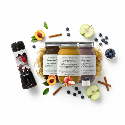 Organic Fruit Infused Country Fields Sea Moss Gel Bundle Apple Cinnamon Peach Blueberry and BLENDi Pro+ Portable Blender flat lay with fresh fruit — Daily Health & Beauty