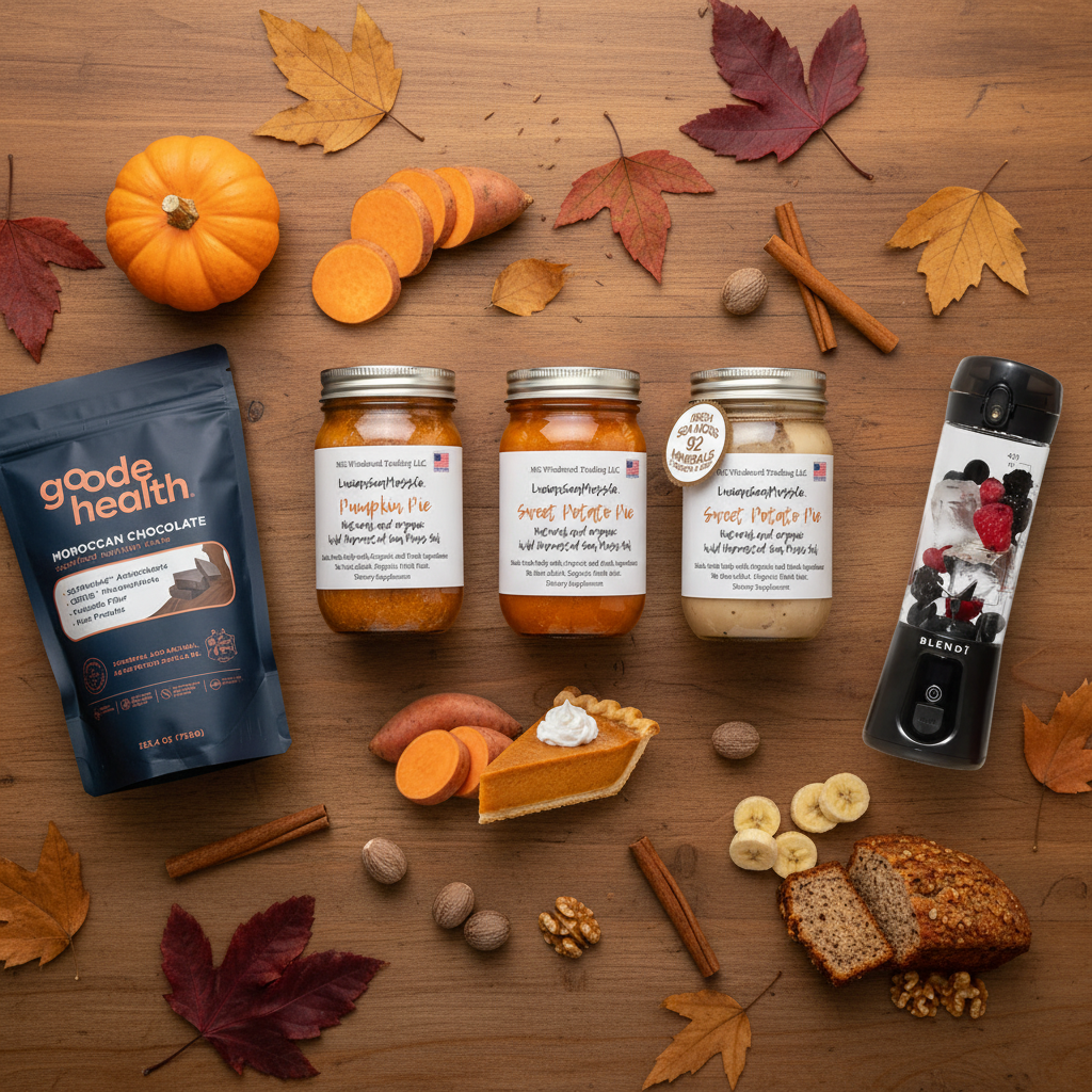 Organic Harvest Bakery Sea Moss Gel Bundle flat lay — Pumpkin Pie Sweet Potato Pie Banana Bread Sea Moss Gel jars Goode Health Moroccan Chocolate Superfood Shake and BLENDi Pro+ Portable Blender with pumpkin sweet potato banana bread and fall harvest accents — Daily Health & Beauty