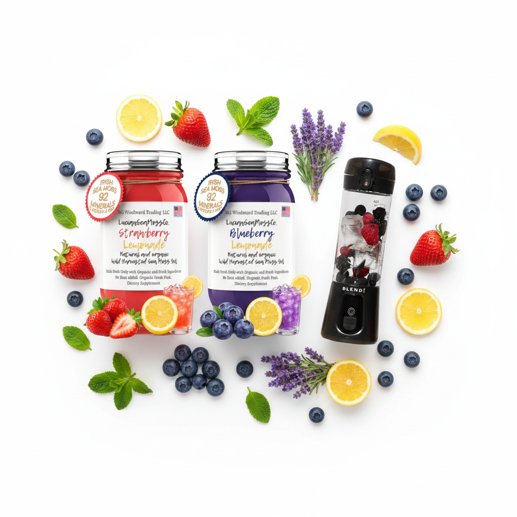 Organic Sunshine Lemonade Sea Moss Gel Bundle and BLENDi Pro+ Ice Crushing Portable Blender flat lay with fresh strawberries blueberries lavender and lemon slices — Daily Health & Beauty
