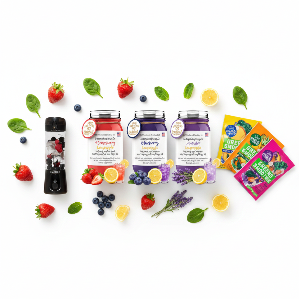 Organic Sunshine Lemonade Sea Moss Gel Bundle Switchback Foods Greens Smoothie Variety Pack and BLENDi Pro+ Ice Crushing Portable Blender flat lay with fresh strawberries blueberries lavender and lemon slices — Daily Health & Beauty