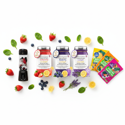 Organic Sunshine Lemonade Sea Moss Gel Bundle Switchback Foods Greens Smoothie Variety Pack and BLENDi Pro+ Ice Crushing Portable Blender flat lay with fresh strawberries blueberries lavender and lemon slices — Daily Health & Beauty