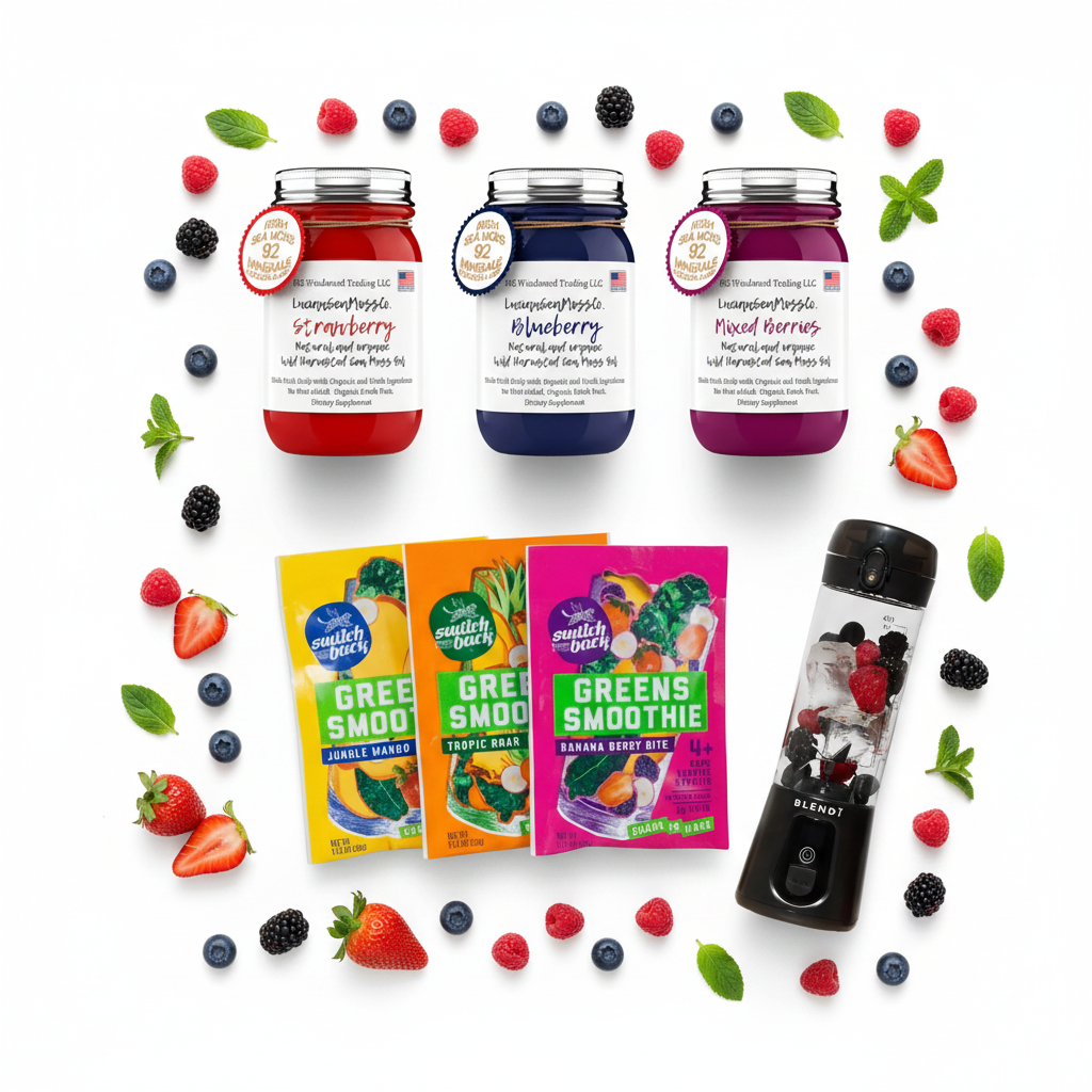 Organic Berry Lovers Sea Moss Gel Bundle Strawberry Blueberry Mixed Berries Switchback Greens Smoothie Variety Pack and BLENDi Pro+ Ice Crushing Portable Blender flat lay with fresh berries — Daily Health & Beauty