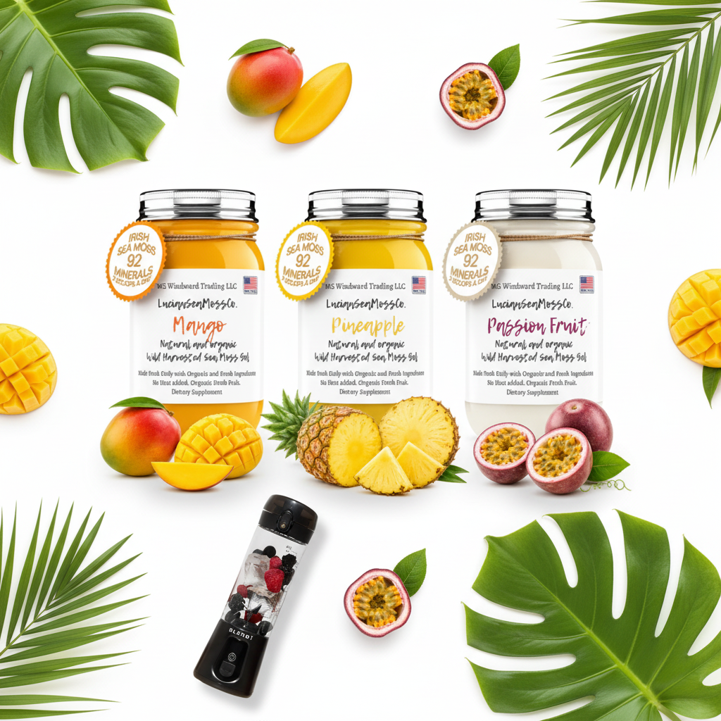 Organic Tropical Paradise Sea Moss Gel Bundle Mango Pineapple Passion Fruit and BLENDi Pro+ Ice Crushing Portable Blender flat lay with fresh tropical fruits — Daily Health & Beauty