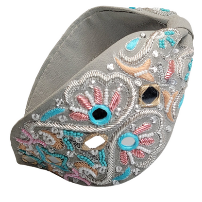Floriated and Embroidered Wide Headband (Grey Blossoms)