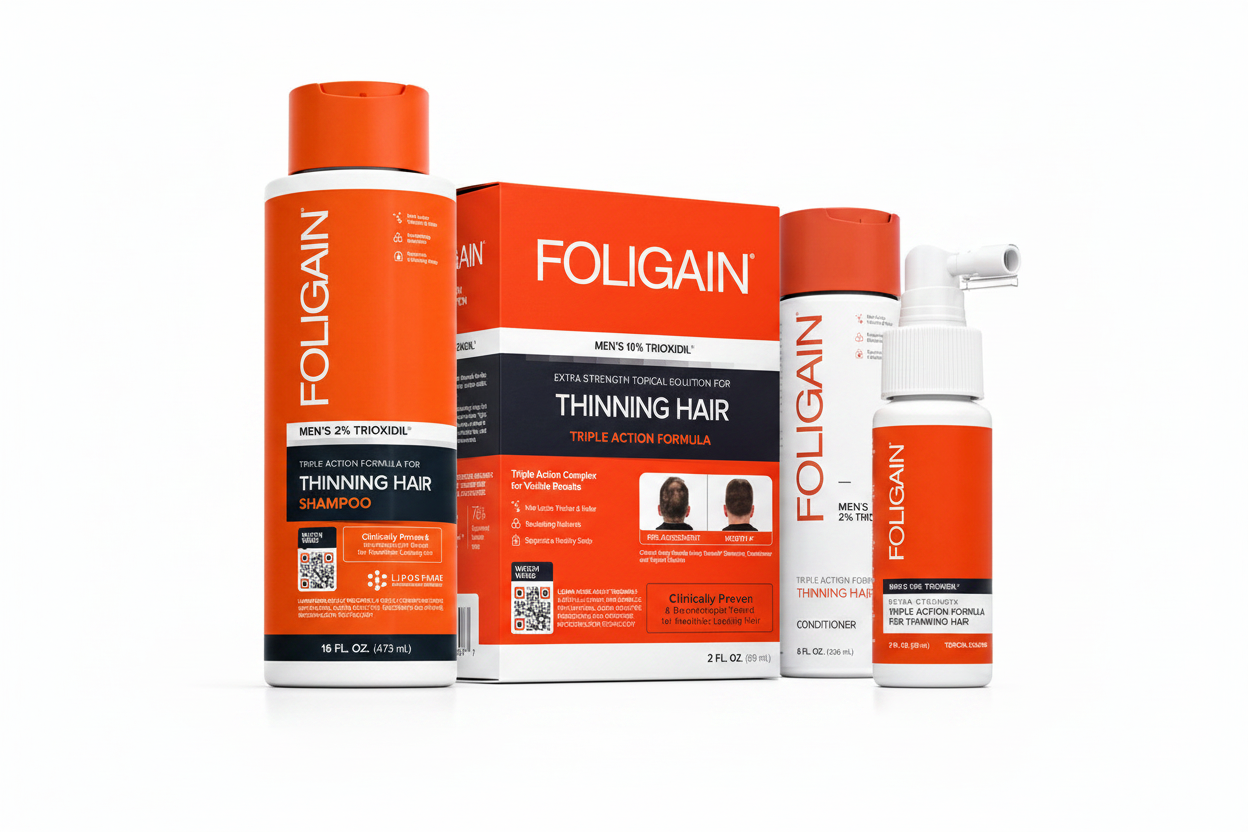 FOLIGAIN Men's 2% TRIOXIDIL Shampoo, Conditioner and 10% TRIOXIDIL Triple Action Formula arranged diagonally on white background