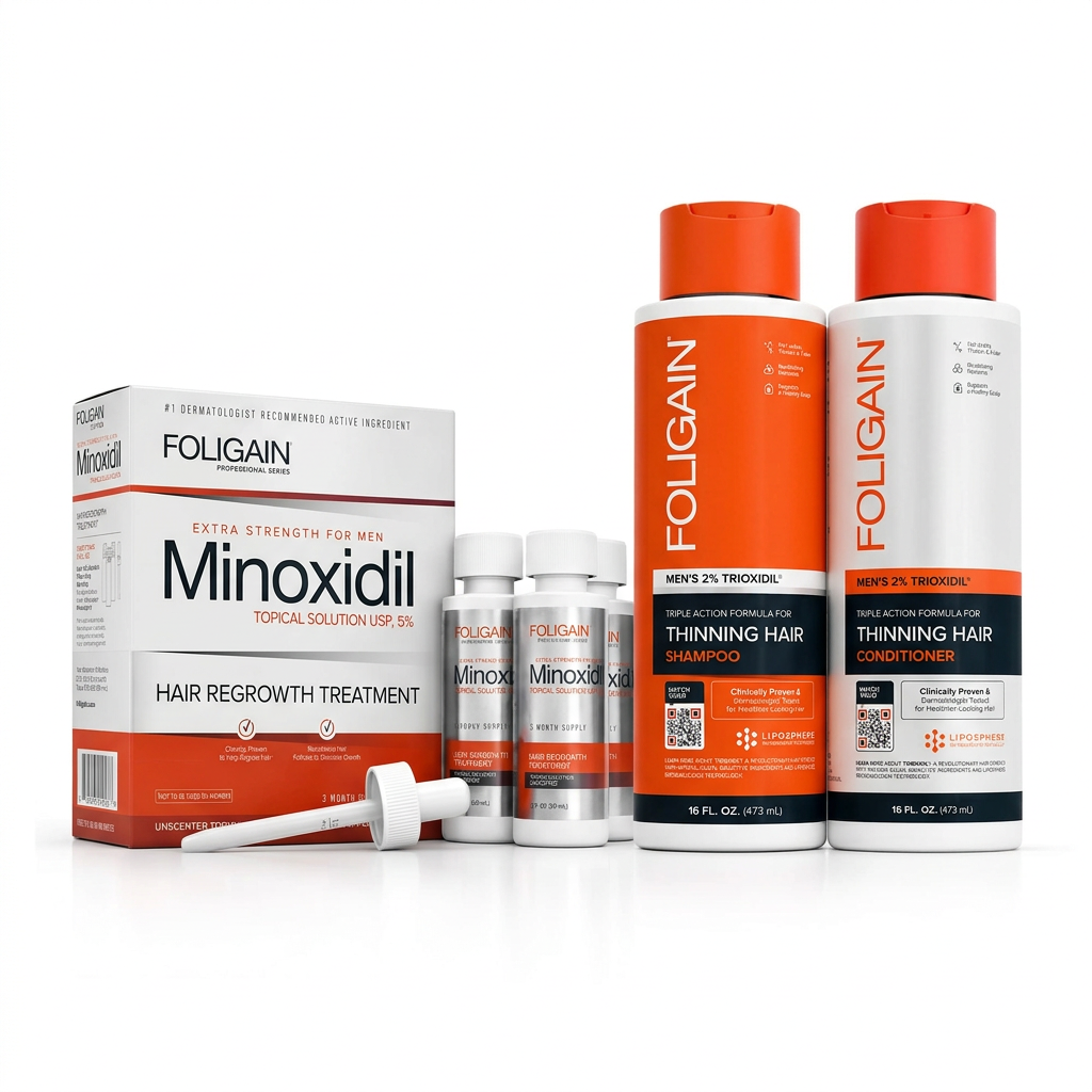 FOLIGAIN men's 5% minoxidil three-month supply with 473ml TRIOXIDIL shampoo and conditioner
