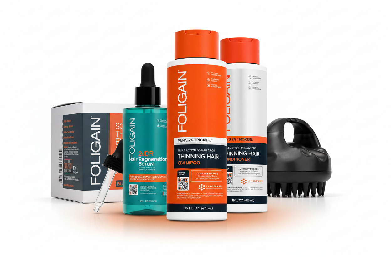 FOLIGAIN Men's Advanced Scalp Support Bundle with 2dDR Hair Regeneration Serum, Triple Action Shampoo, Conditioner 473ml and Black Scalp Massager grouped together