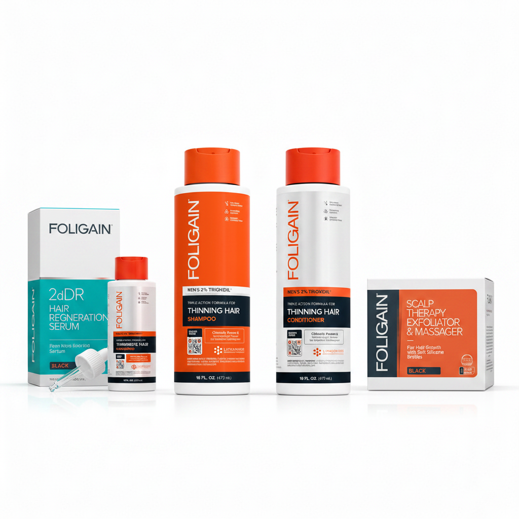 FOLIGAIN Men's Advanced Scalp Support Stack — 2dDR Hair Regeneration Serum, Triple Action Shampoo and Conditioner 473ml and Black Scalp Massager flat lay on white background