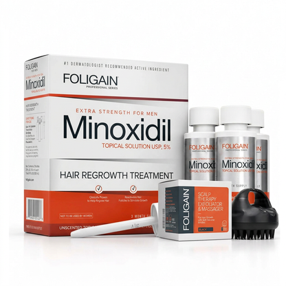 FOLIGAIN men's bundle with a three-month supply of 5% minoxidil and a black scalp massager