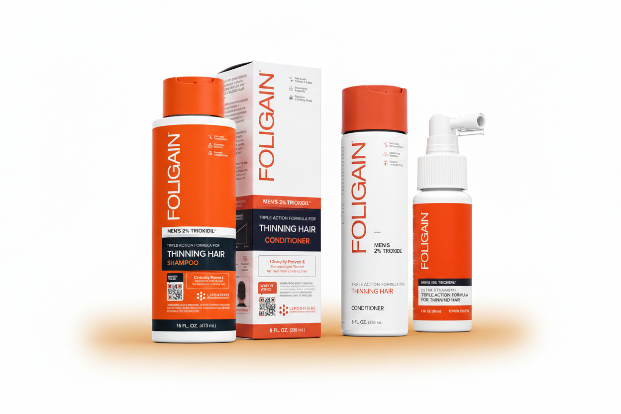 FOLIGAIN Men's Complete Hair Care Bundle featuring Triple Action Shampoo, Conditioner and 10% TRIOXIDIL Topical Formula grouped together