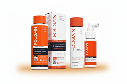 FOLIGAIN Men's Complete Hair Care Bundle featuring Triple Action Shampoo, Conditioner and 10% TRIOXIDIL Topical Formula grouped together