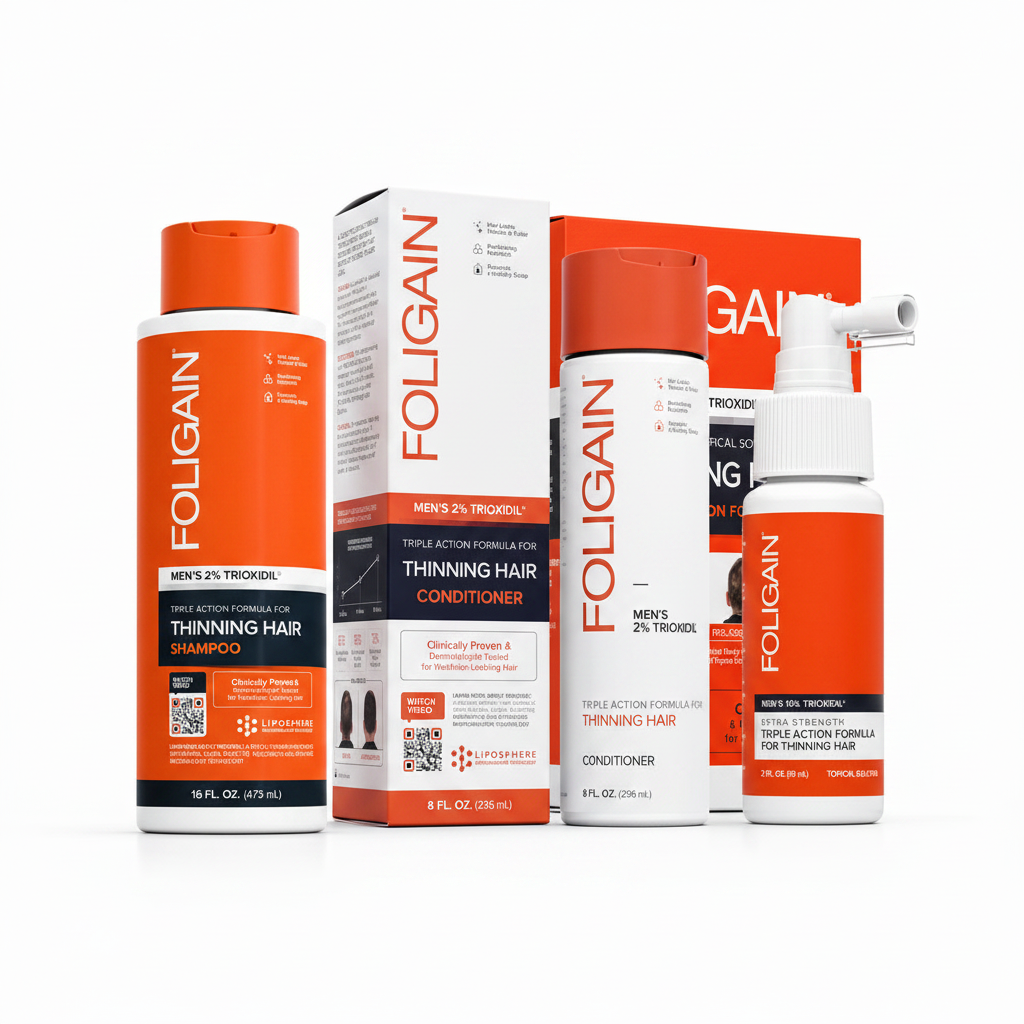 FOLIGAIN Men's Complete TRIOXIDIL Regimen Bundle — Triple Action Shampoo, Conditioner and 10% TRIOXIDIL Formula flat lay on white background
