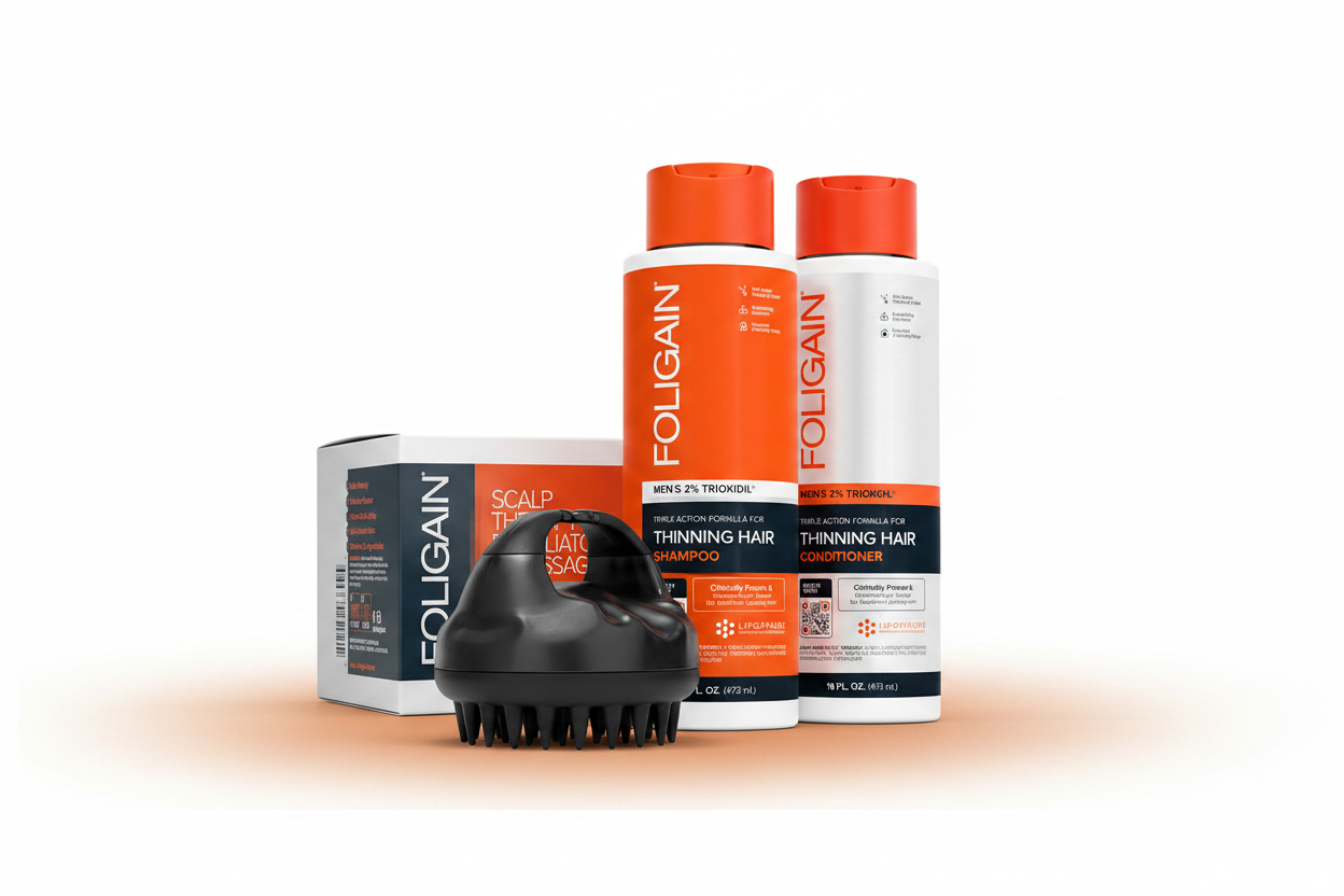FOLIGAIN Men's Scalp Prep and Hair Care Bundle featuring Black Scalp Massager, Triple Action Shampoo and Conditioner 473ml grouped together