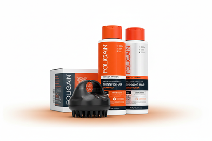 FOLIGAIN Men's Scalp Prep and Hair Care Bundle featuring Black Scalp Massager, Triple Action Shampoo and Conditioner 473ml grouped together