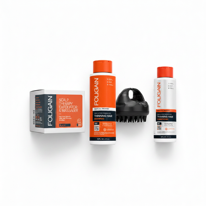 FOLIGAIN Men's Scalp Prep Shampoo and Conditioner Kit — Black Scalp Exfoliator Massager, Triple Action Shampoo and Conditioner 473ml flat lay on white background