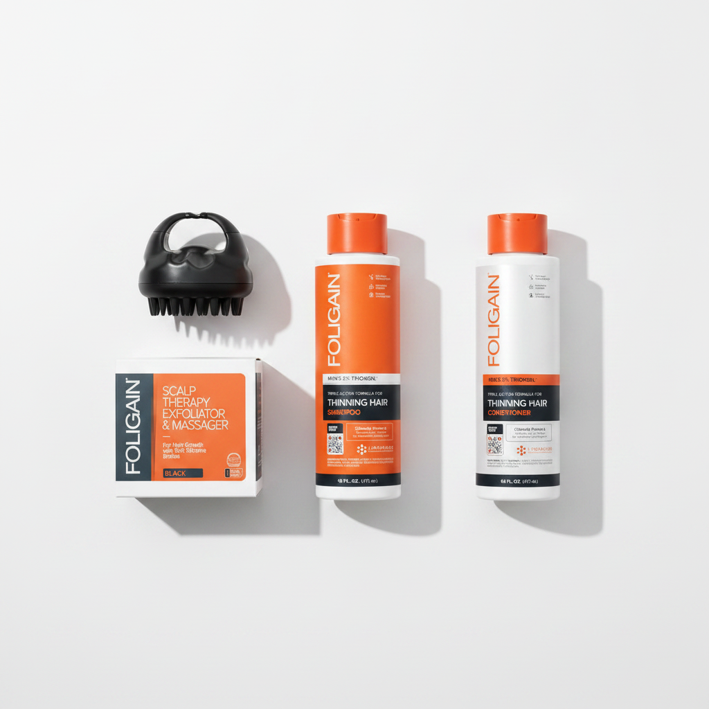 FOLIGAIN Men's Scalp Prep Shampoo and Conditioner Kit on white surface — black scalp massager, shampoo and conditioner 473ml top-down view