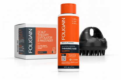 FOLIGAIN Men's Scalp Therapy Exfoliator Massager, 2% TRIOXIDIL Shampoo and Conditioner 473ml arranged diagonally on white background