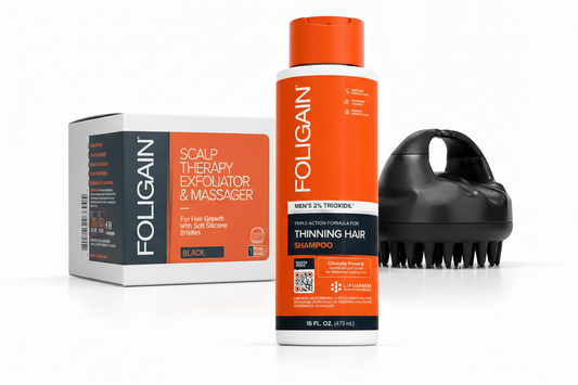 FOLIGAIN Men's Scalp Therapy Exfoliator Massager, 2% TRIOXIDIL Shampoo and Conditioner 473ml arranged diagonally on white background