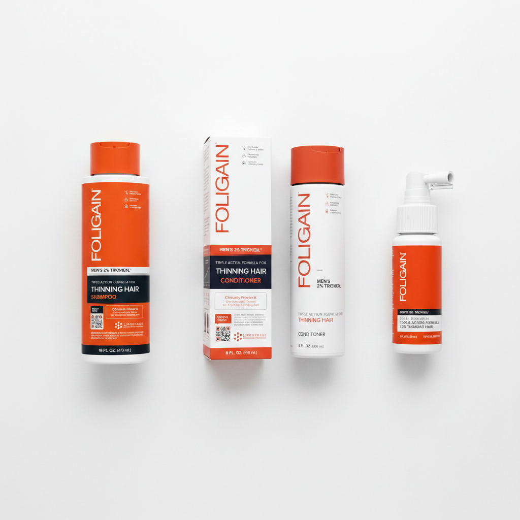 FOLIGAIN Men's TRIOXIDIL hair care bundle on white surface — shampoo, conditioner and topical serum top-down view