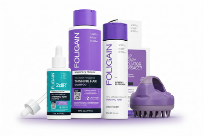 FOLIGAIN Women's Advanced Scalp Support Bundle with 2dDR Hair Regeneration Serum, Triple Action Shampoo, Conditioner and Purple Scalp Massager grouped together