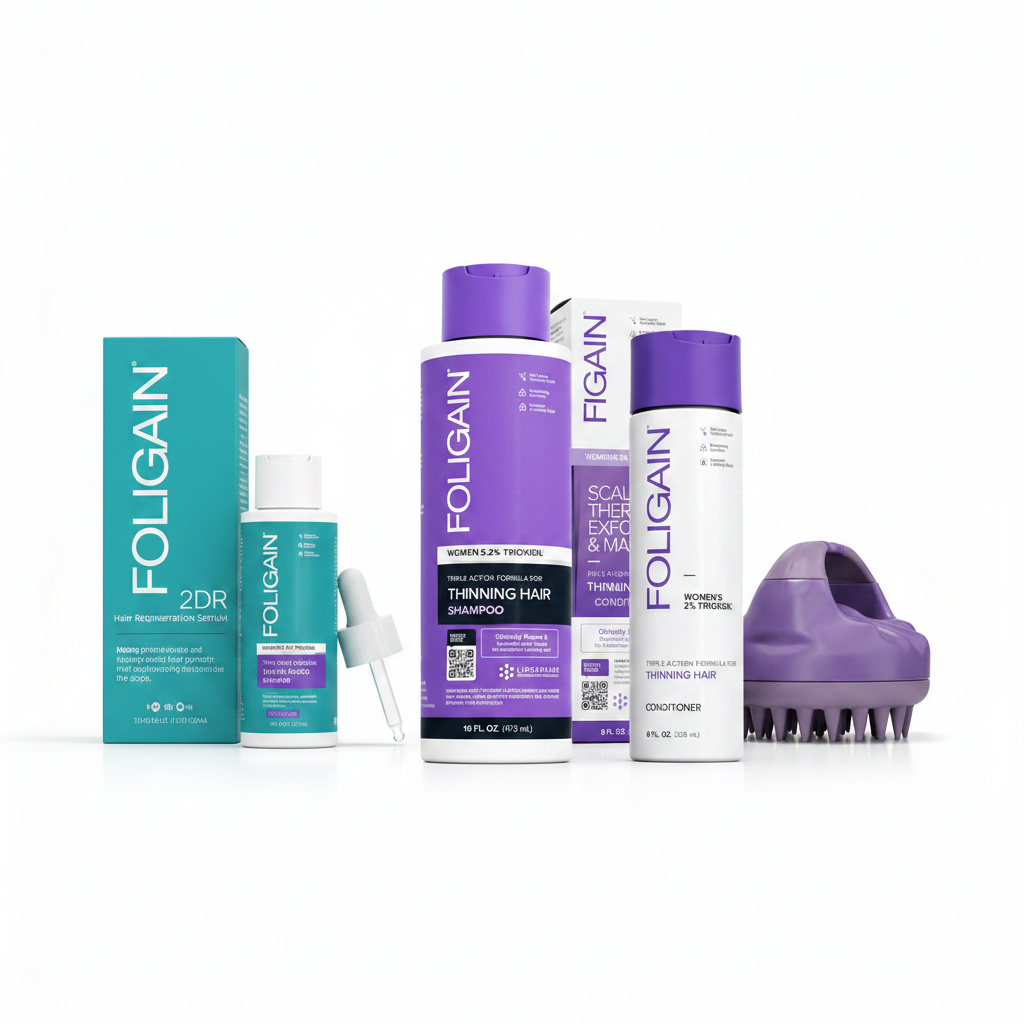 FOLIGAIN Women's Advanced Scalp Support Stack — 2dDR Hair Regeneration Serum, Triple Action Shampoo, Conditioner and Purple Scalp Massager flat lay on white background