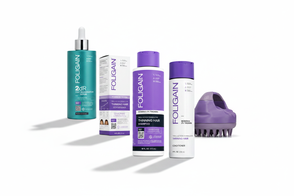 FOLIGAIN Women's Advanced Scalp Support Stack featuring 2dDR Serum, 473ml Shampoo, Conditioner and Purple Scalp Exfoliator Massager arranged diagonally on white background