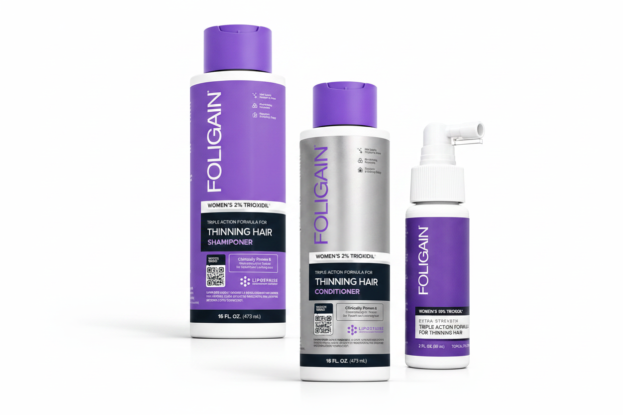 FOLIGAIN Women's 2% TRIOXIDIL Shampoo, Conditioner and 10% TRIOXIDIL Triple Action Formula arranged diagonally on white background