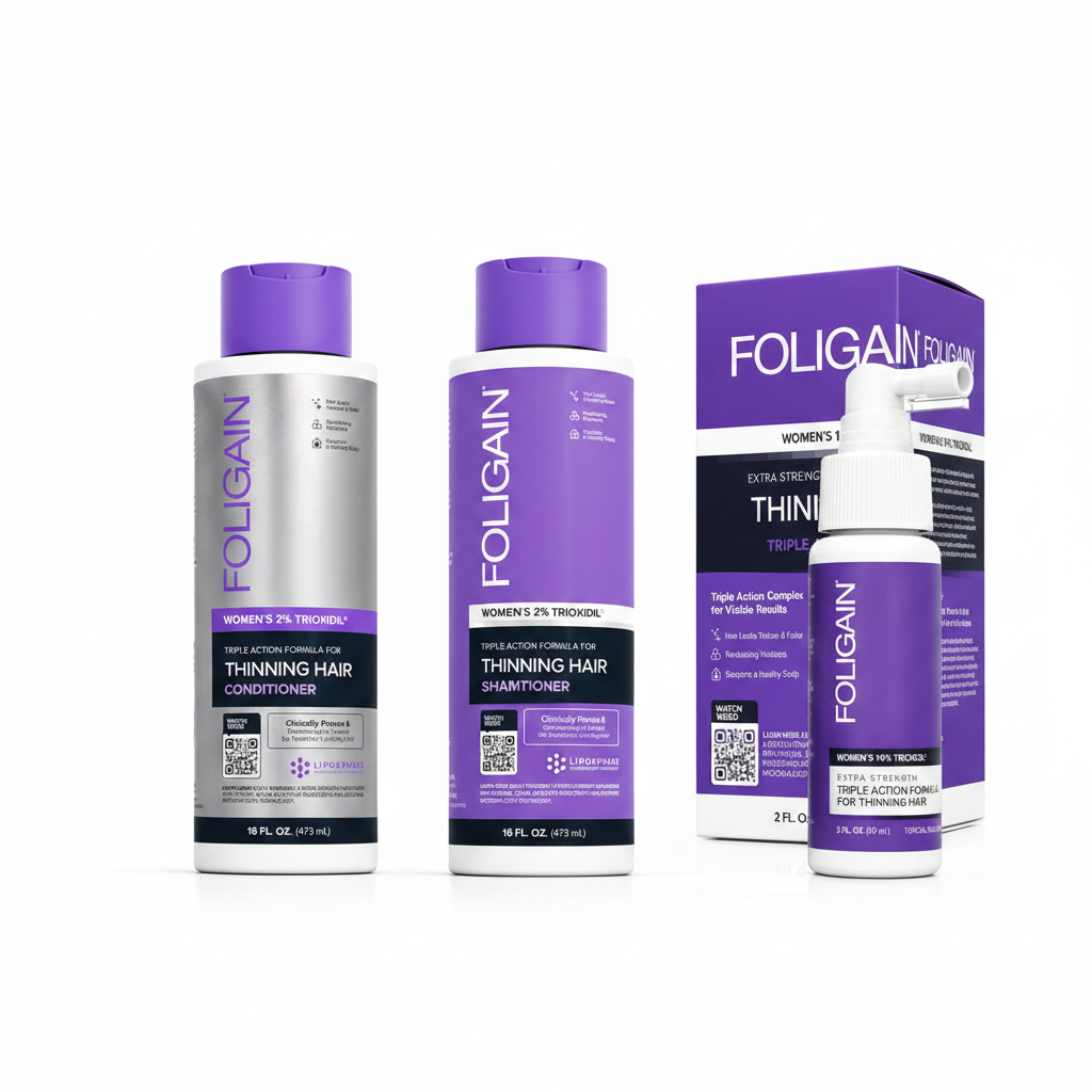 FOLIGAIN Women's Complete TRIOXIDIL Regimen Bundle — Triple Action Shampoo, Conditioner and 10% TRIOXIDIL Formula flat lay on white background