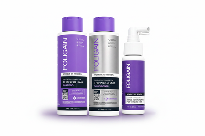 FOLIGAIN Women's Complete Hair Care Bundle featuring Triple Action Shampoo, Conditioner and 10% TRIOXIDIL Topical Formula grouped together