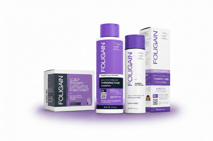 FOLIGAIN Women's Scalp Prep and Hair Care Bundle featuring Purple Scalp Massager, Triple Action Shampoo and Conditioner grouped together