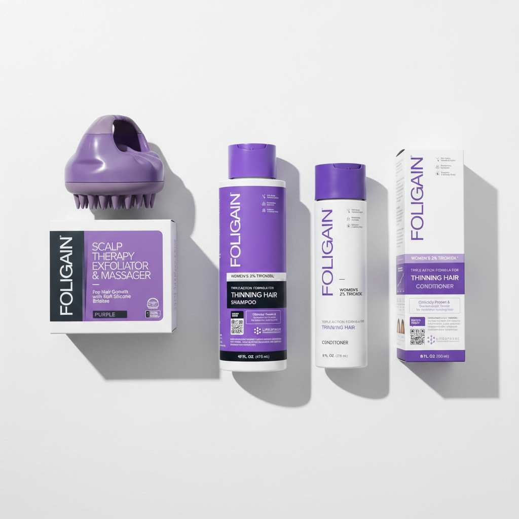FOLIGAIN Women's Scalp Prep Shampoo and Conditioner Kit on white surface — purple scalp massager, shampoo and conditioner top-down view