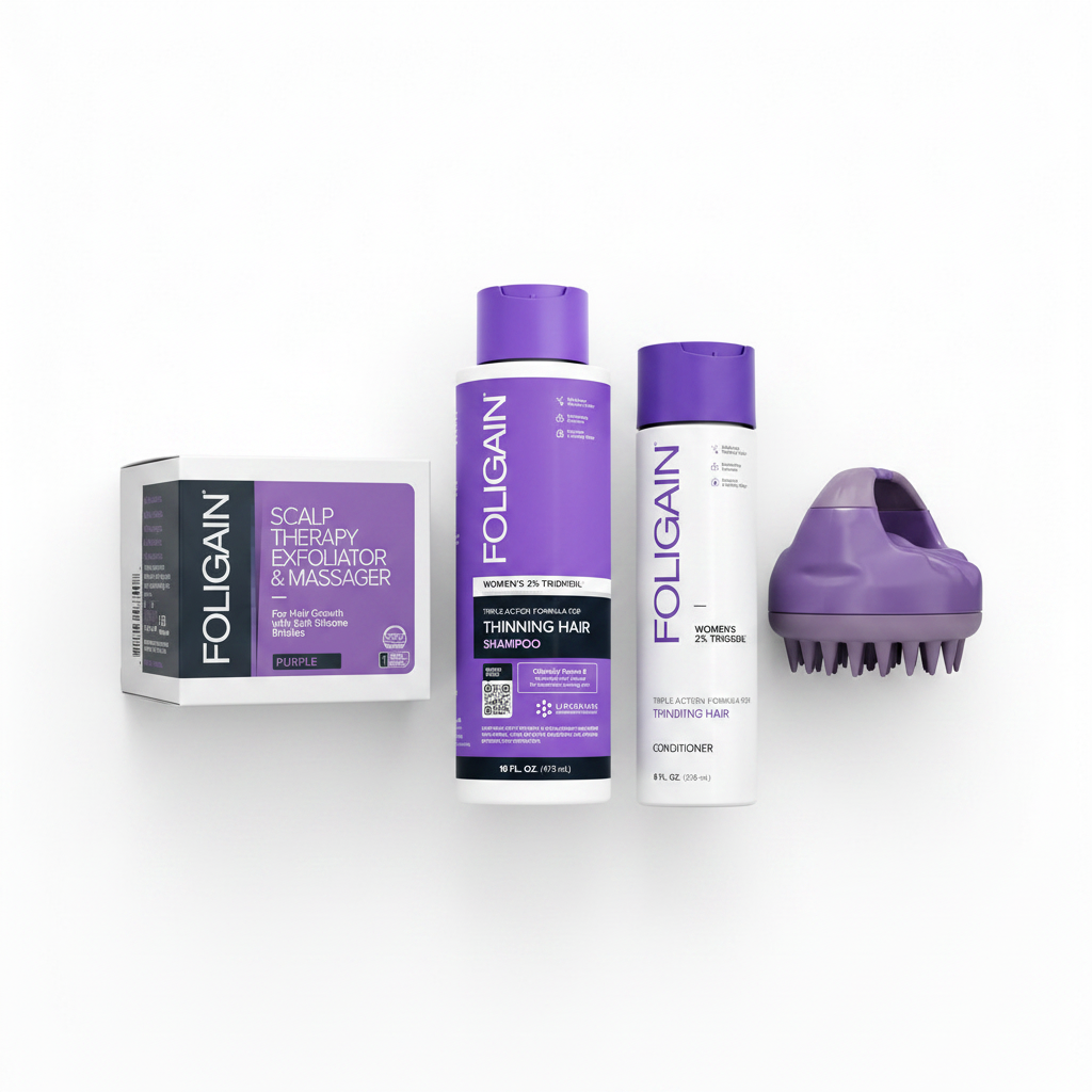 FOLIGAIN Women's Scalp Prep Shampoo and Conditioner Kit — Purple Scalp Exfoliator Massager, Triple Action Shampoo and Conditioner flat lay on white background