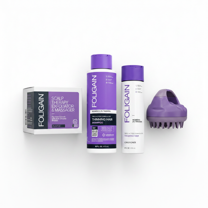 FOLIGAIN Women's Scalp Prep Shampoo and Conditioner Kit — Purple Scalp Exfoliator Massager, Triple Action Shampoo and Conditioner flat lay on white background