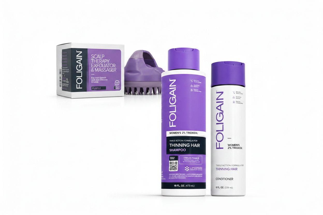 FOLIGAIN Women's Scalp Therapy Exfoliator Massager, 2% TRIOXIDIL Shampoo and Conditioner arranged diagonally on white background