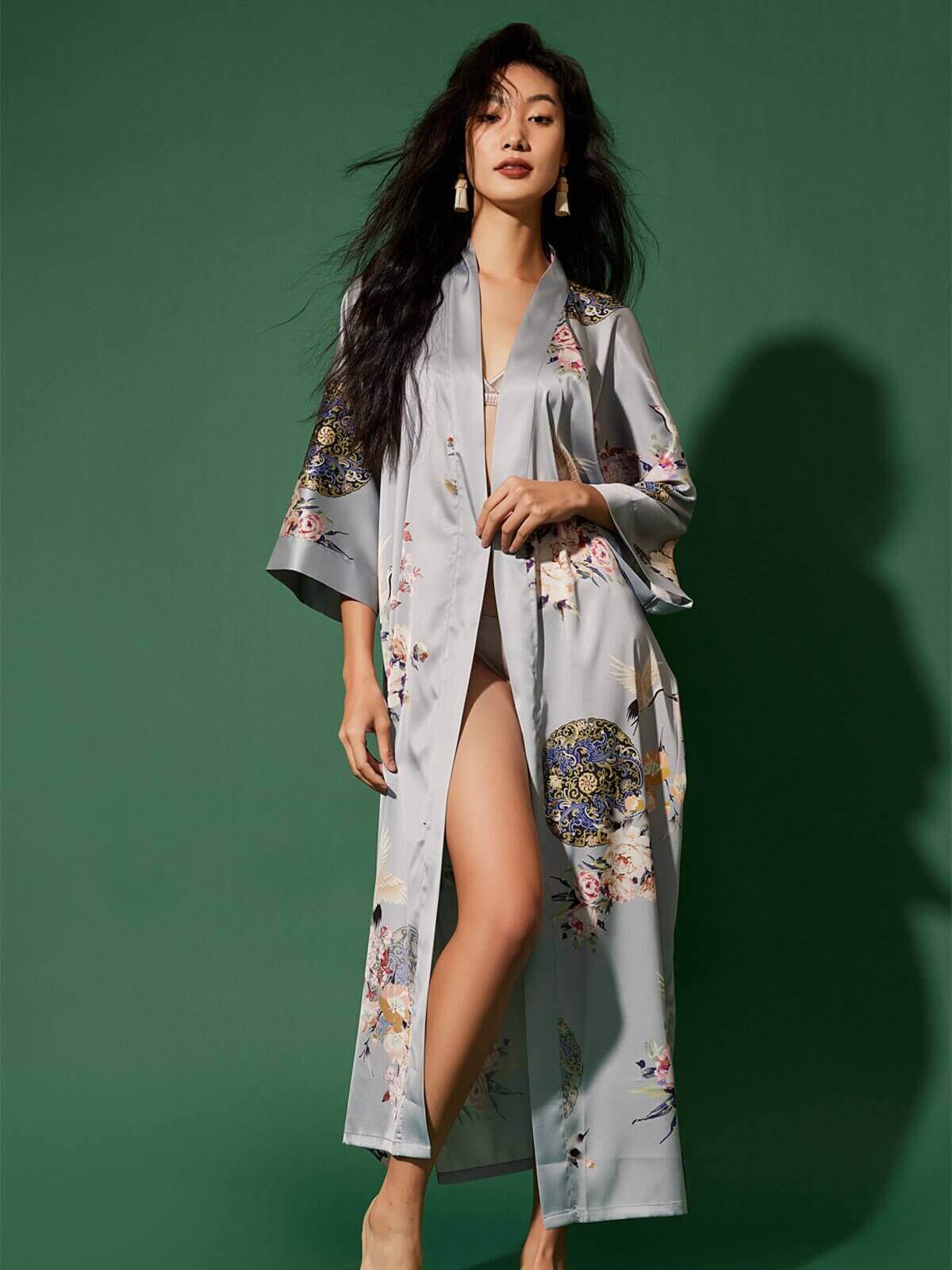 Garden Crane Gray Kimono Robe