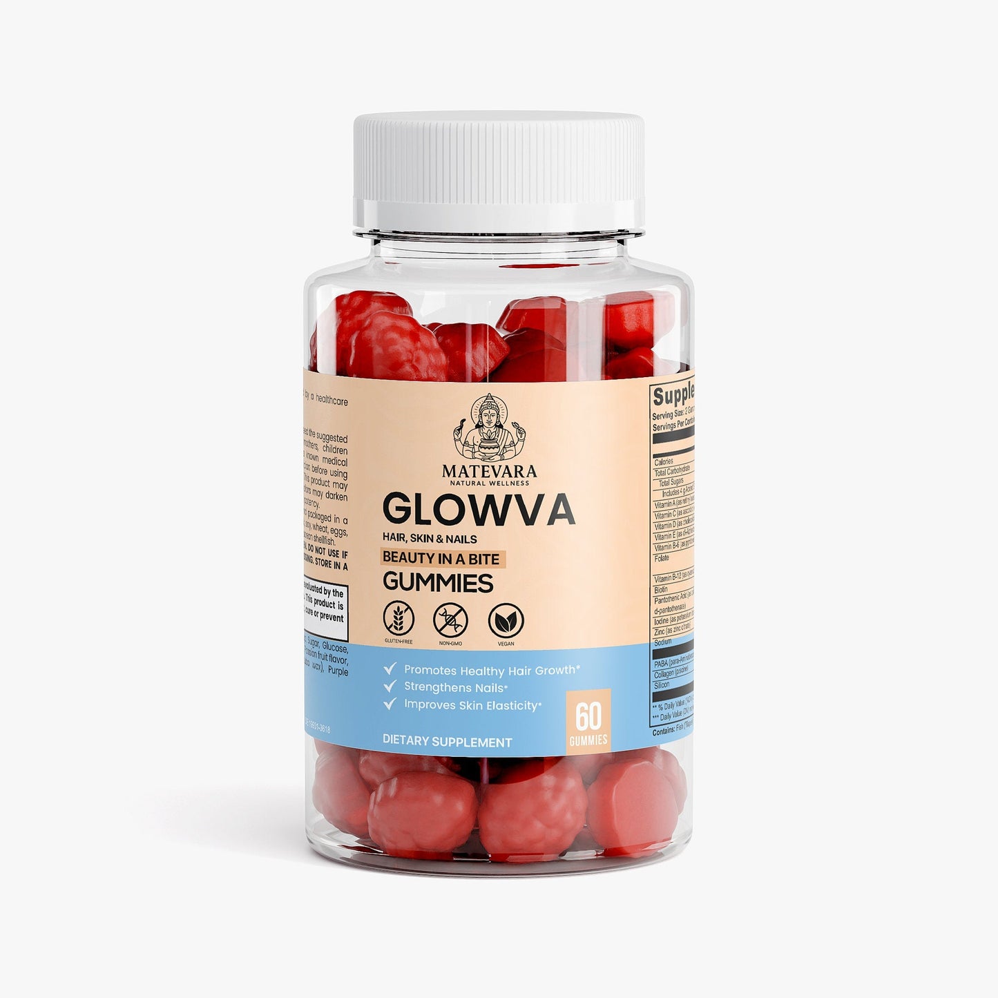 Glowva Hair, Skin & Nails Gummies | Biotin, Collagen, Vitamins A, C, E | Beauty Support Gummies | 60 Count