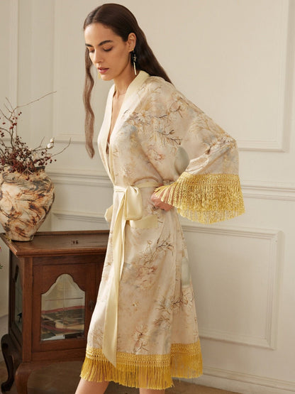 Gold Eastern Floral Vase Kimono Robe with Pockets | Daily Health & Beauty